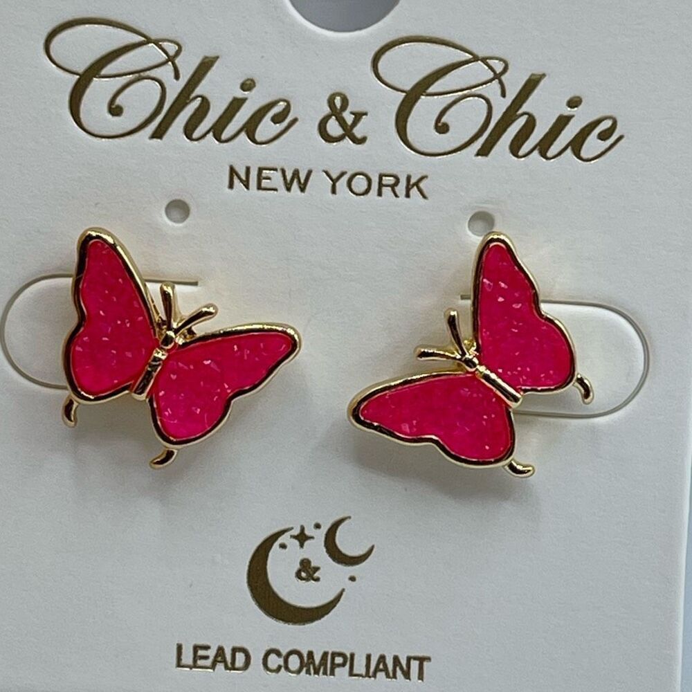 NWT Chic n Chic electric pink druzy butterfly post style earrings